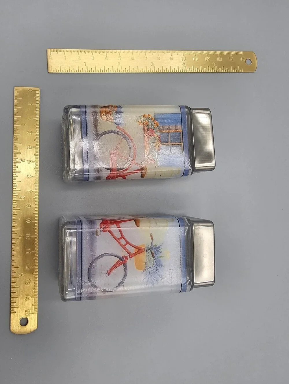Vintage Bicycle Themed Salt and Pepper Shakers with Metal Stand